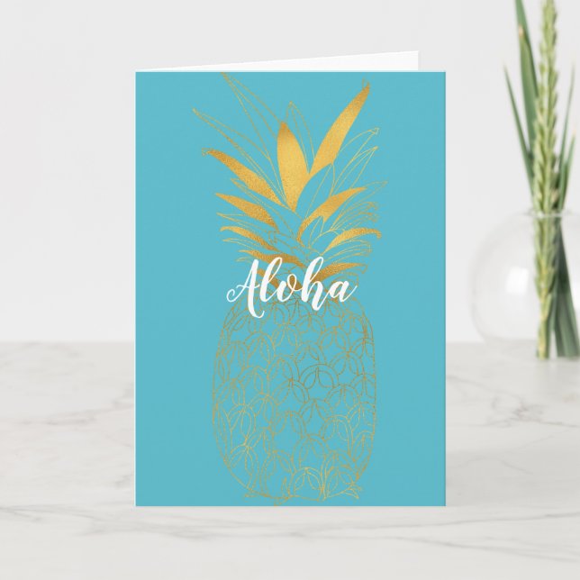 Gold Aqua Aloha Pinapple Card (Front)