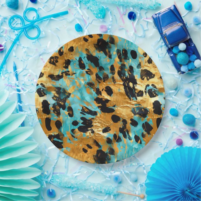 Gold Aqua Black Leopard Animal  Paper Plates (Party)