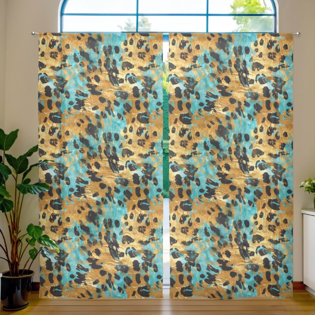 Gold Aqua Black Leopard Animal  Sheer Curtains (Living Room)