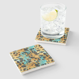 Gold Aqua Black Leopard Animal Stone Coaster