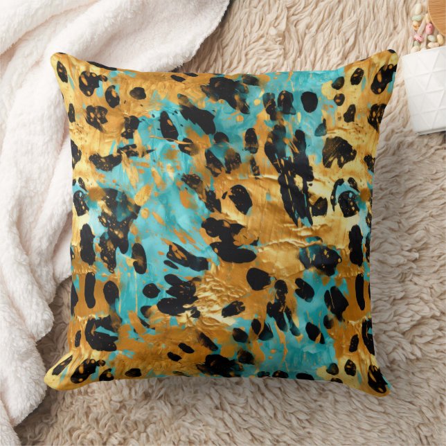 Gold Aqua Black Leopard Animal  Throw Pillow (Blanket)
