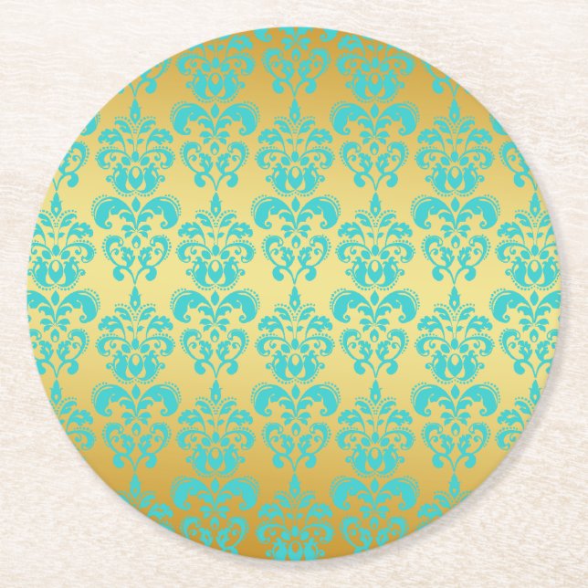 Gold, Aqua Blue Damask Pattern 2 Round Paper Coaster (Front)