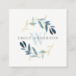 GOLD AQUA BLUE FOLIAGE INITIAL WREATH PROFESSIONAL SQUARE BUSINESS CARD