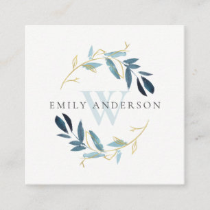 GOLD AQUA BLUE FOLIAGE INITIAL WREATH PROFESSIONAL SQUARE BUSINESS CARD