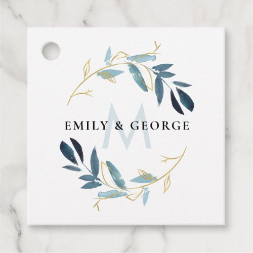 GOLD AQUA BLUE FOLIAGE MONOGRAM WREATH WEDDING FAVOR TAGS