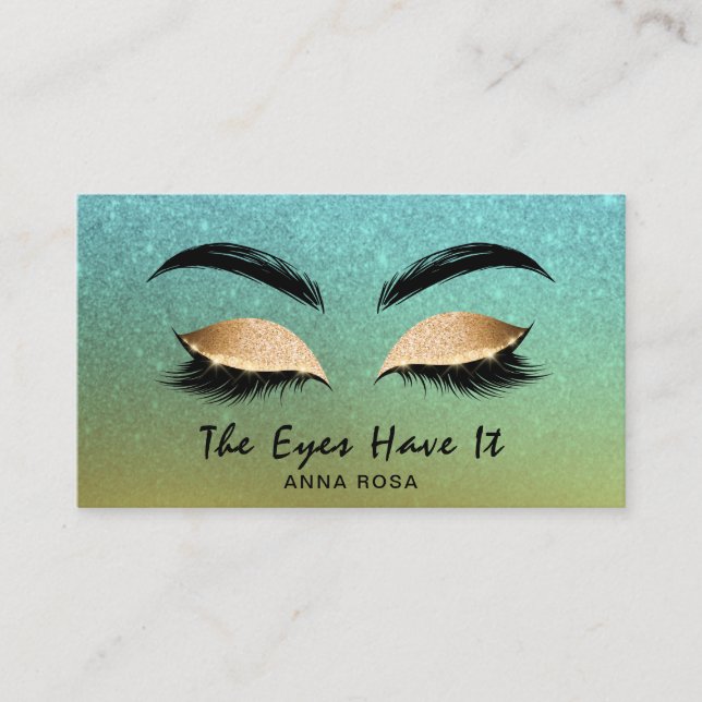 *~* Gold Aqua Blue Glitter Lashes Extensions Brows Business Card (Front)