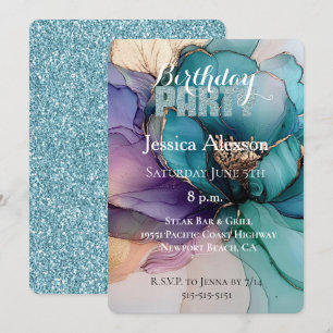 Gold Aqua Blue Glitter Purple Flower Birthday  Invitation