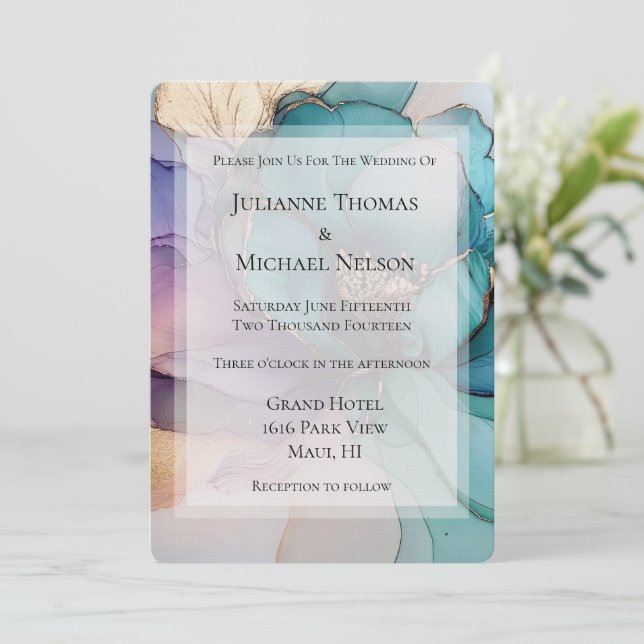 Gold Aqua Blue Purple Floral Romantic Wedding Invitation (Standing Front)