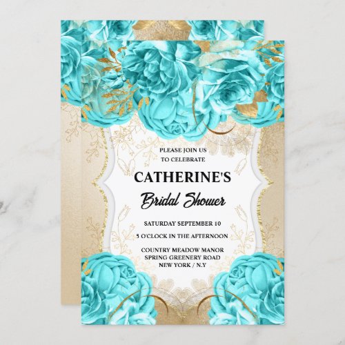 Gold aqua blue rose watercolor bridal shower chic invitation