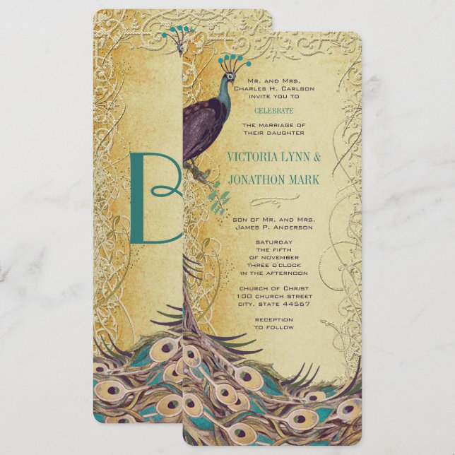 Gold Aqua Eggplant Art Nouveau Peacock Wedding Invitation (Front/Back)