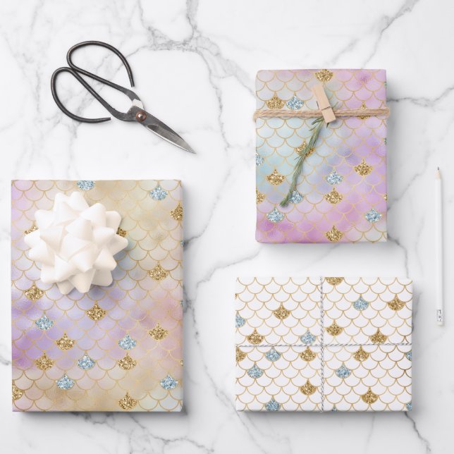 Gold Aqua Glitter Dream Purple Mermaid          Wrapping Paper Sheets (Front)