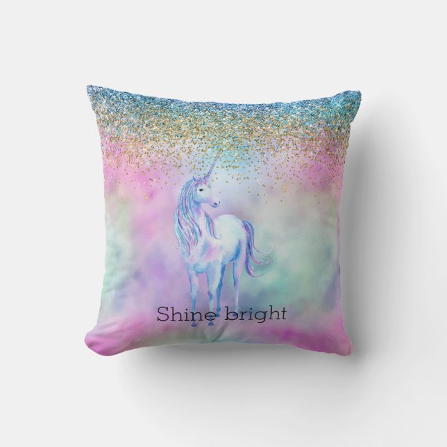 Gold Aqua Glitter Purple Unicorn Sparkle          Throw Pillow (Front)