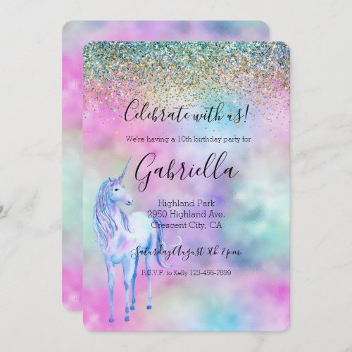 Gold Aqua Glitter Purple White Unicorn Sparkle Invitation
