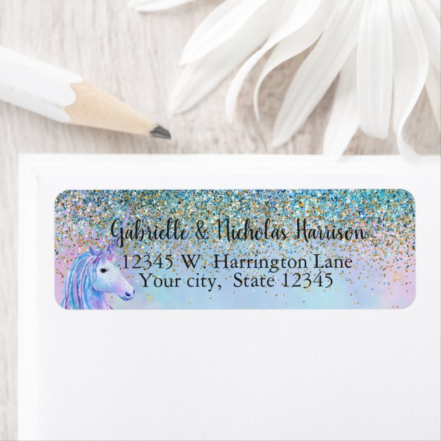 Gold Aqua Glitter Purple White Unicorn Sparkle Label (Insitu)