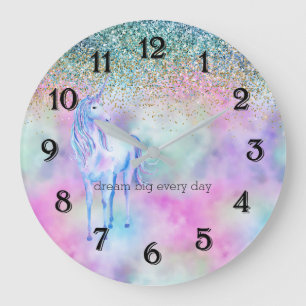 Gold Aqua Glitter Purple White Unicorn Sparkle Large Clock
