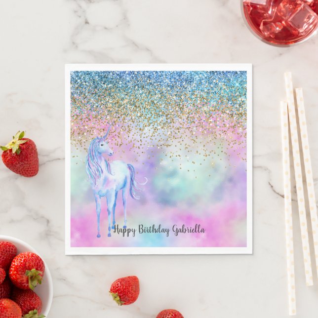 Gold Aqua Glitter Purple White Unicorn Sparkle    Napkins (Insitu)