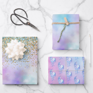 Gold Aqua Glitter Purple White Unicorn Sparkle   Wrapping Paper Sheets