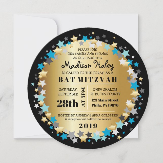 GOLD Aqua Gold Stars Bar Bat Mitzvah Invitation (Front)