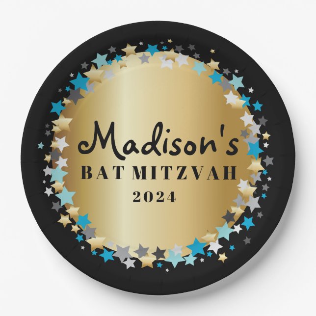 GOLD Aqua Gold Stars Bar Bat Mitzvah Plate (Front)