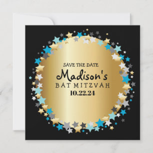 GOLD Aqua Gold Stars Bar Bat Mitzvah Save the Date