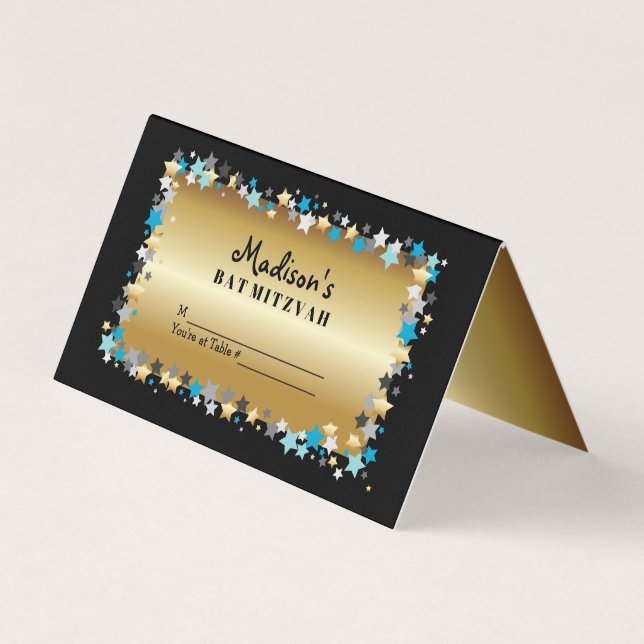 GOLD Aqua Gold Stars Bar Bat Mitzvah Table Seating Business Card (Front)