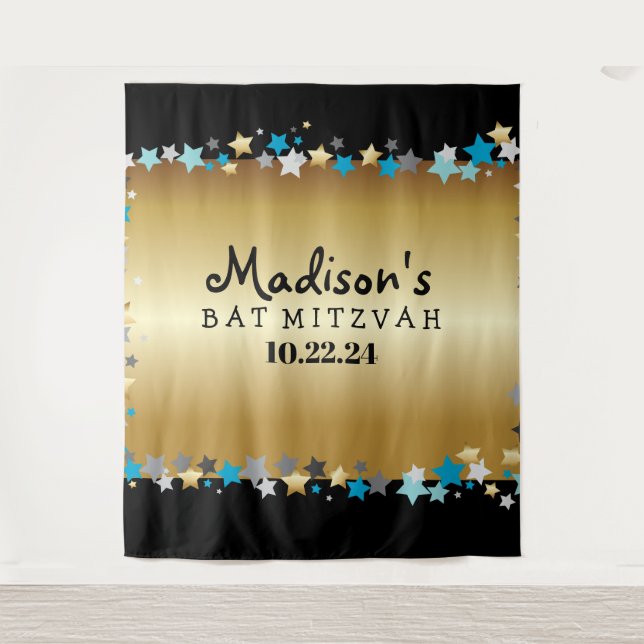 GOLD Aqua Gold Stars Bat Mitzvah Photo Op Backdrop (Front)