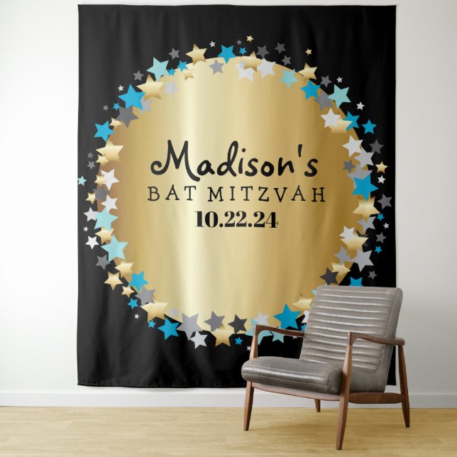 GOLD Aqua Gold Stars Bat Mitzvah Photo Op Backdrop (In Situ)