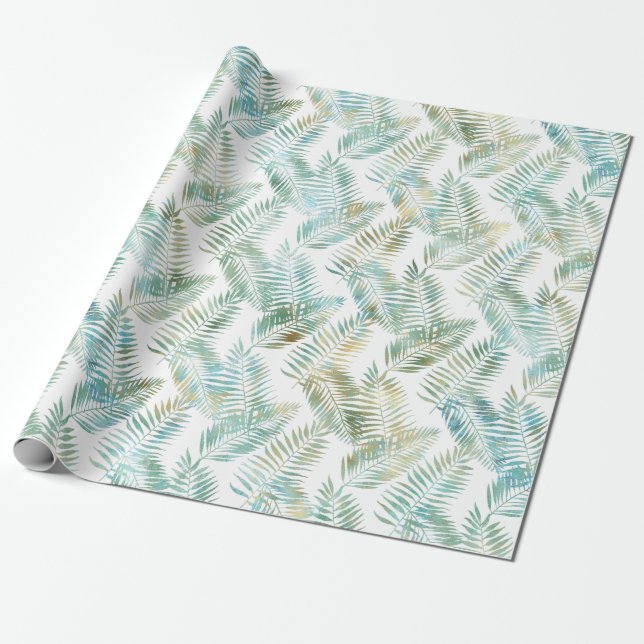 Gold Aqua Green Tropical Leaves Birthday Wrapping Paper (Unrolled)