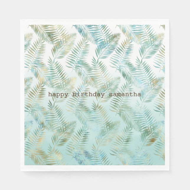 Gold Aqua Green Tropical Leaves Napkins (Front)