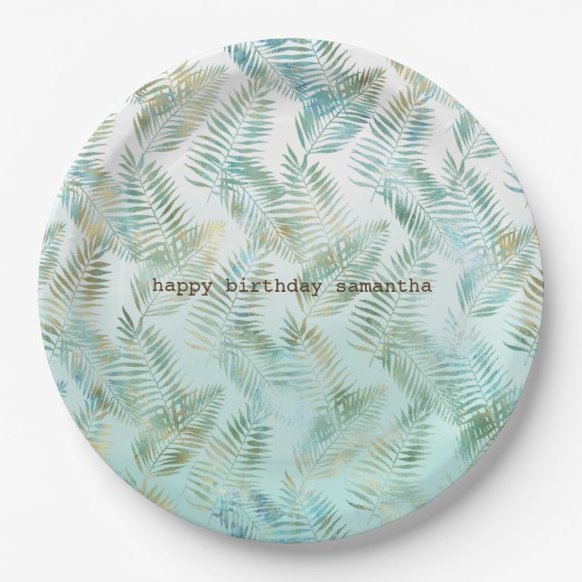 Gold Aqua Green Tropical Leaves Paper Plates (Front)