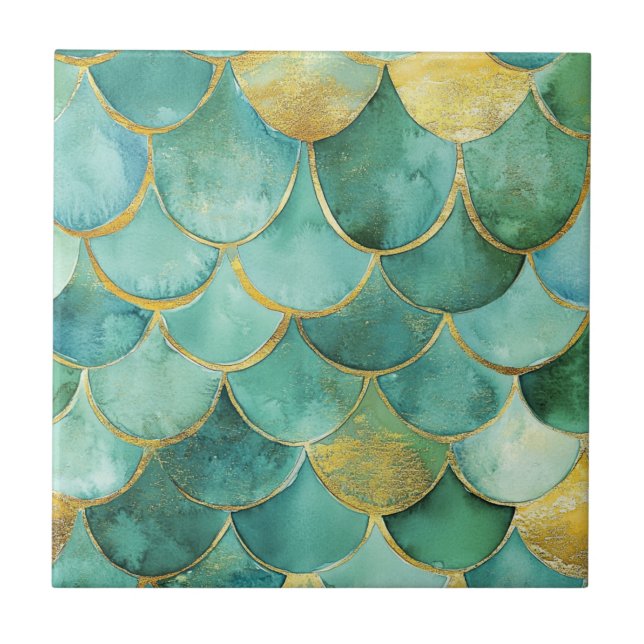 Gold Aqua Mermaid Scale Watercolor Pattern Ceramic Tile (Front)