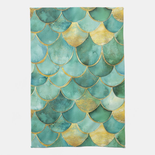 Gold Aqua Mermaid Scale Watercolor Pattern Kitchen Towel (Vertical)