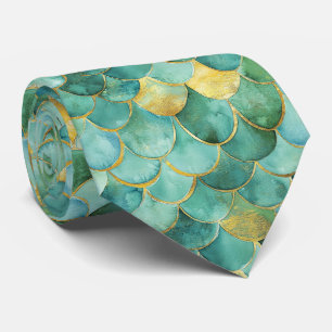 Gold Aqua Mermaid Scale Watercolor Pattern Neck Tie