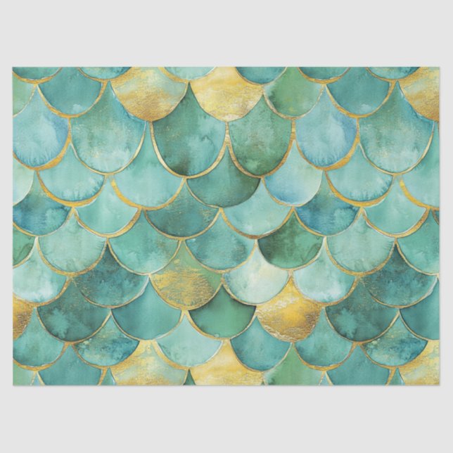 Gold Aqua Mermaid Scale Watercolor Pattern Tissue Paper (Front)
