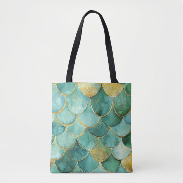 Gold Aqua Mermaid Scale Watercolor Pattern Tote Bag (Front)