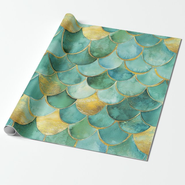Gold Aqua Mermaid Scale Watercolor Pattern Wrapping Paper (Unrolled)