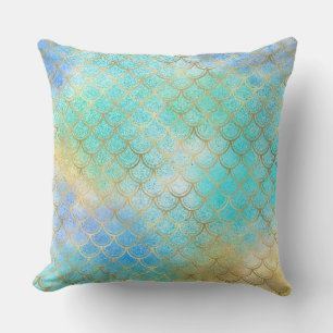 Gold Aqua Mermaid Throw Pillow