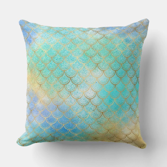 Gold Aqua Mermaid Throw Pillow (Front)