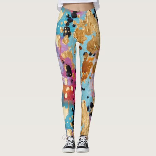 Gold Aqua Pink Abstract Leopard Leggings