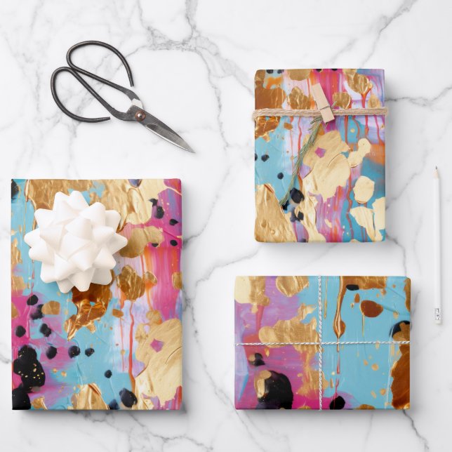 Gold Aqua Pink Abstract Leopard  Wrapping Paper Sheets (Front)