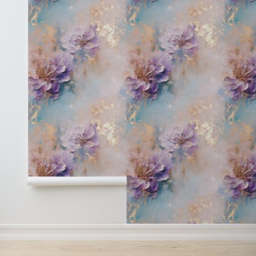 Gold Aqua Purple Floral Wallpaper