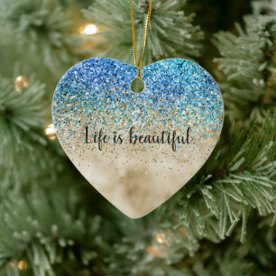 Gold Aqua Purple Glitter Sparkle Ceramic Ornament