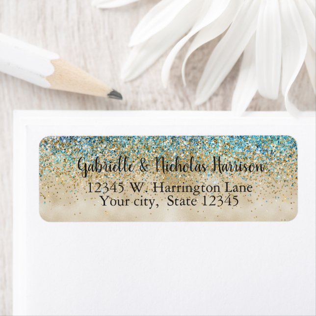 Gold Aqua Purple Glitter Sparkle Label (Insitu)