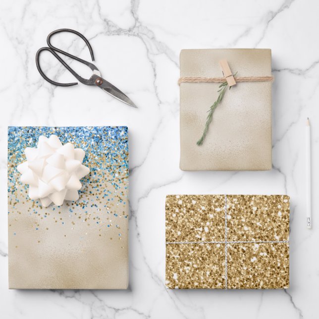 Gold Aqua Purple Glitter Sparkle Wrapping Paper Sheets (Front)
