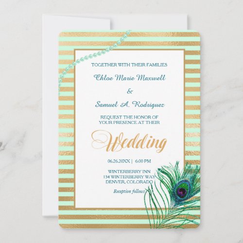 Gold Aqua Stripe Peacock Feather Wedding Invite