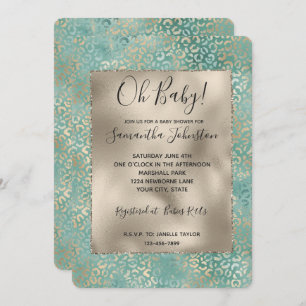 Gold Aqua Teal Turquoise Glam Leopard Print Invitation