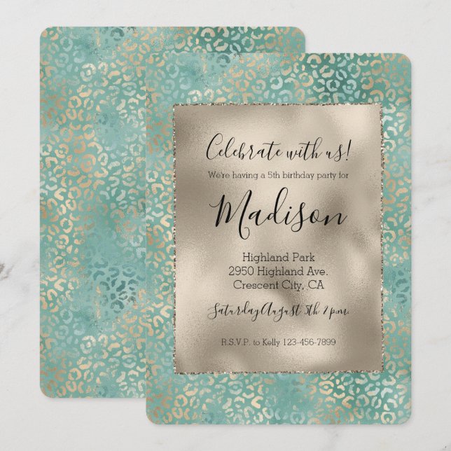 Gold Aqua Teal Turquoise Glam Leopard Print Invitation (Front/Back)