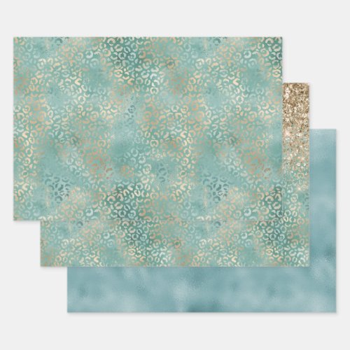 Gold Aqua Teal Turquoise Glam Leopard Print Wrapping Paper Sheets