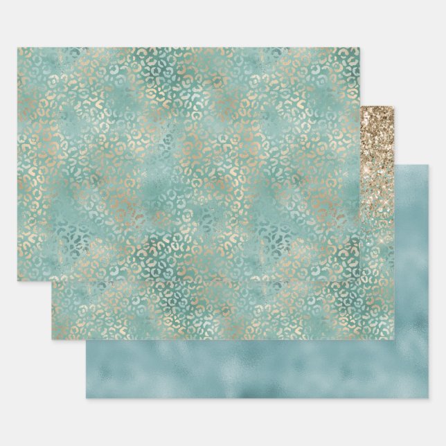 Gold Aqua Teal Turquoise Glam Leopard Print Wrapping Paper Sheets (Set)