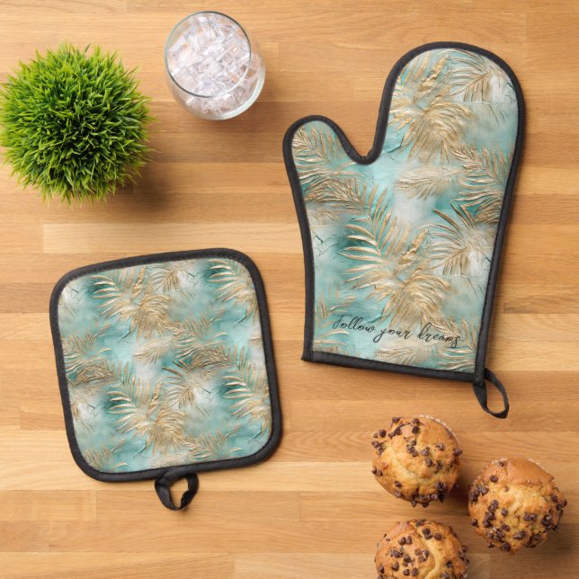 Gold Aqua Tropical Leaves Oven Mitt & Pot Holder Set (Top Down)